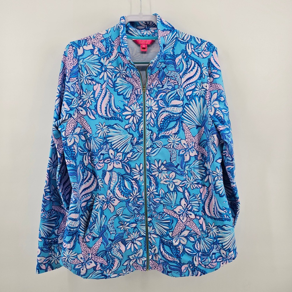 Lilly Pulitzer Leona Jacket Women XL Amalfi Blue Sound the Sirens Zip 004884